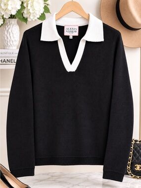Alexia Admor XL Black White Collared V-Neck Knit Sweater Preppy